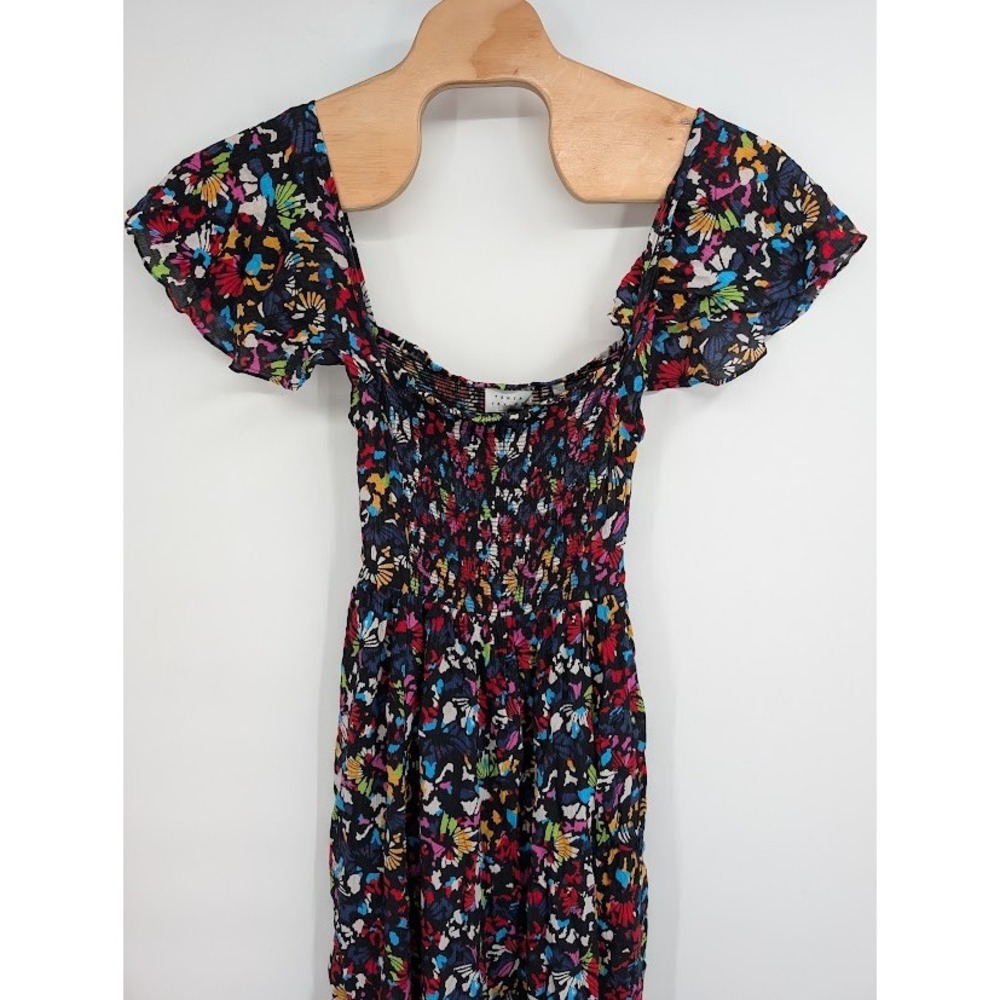Tanya‎ Taylor Glenda Women Smocked Square Neck Midi dress black confetti silk XS